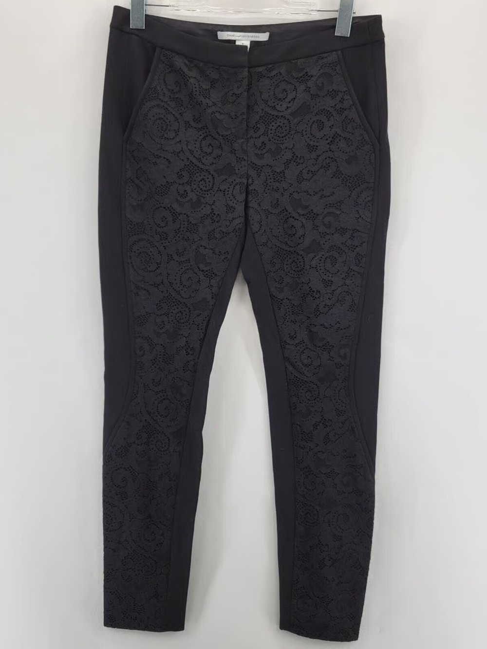 Diane Von Furstenberg Pants Womens 12 Harmony Stretch Scroll Black Lace Ponte